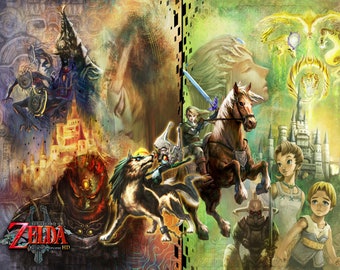 Puede incluir: Una ilustración colorida con personajes y escenas del videojuego "The Legend of Zelda: Twilight Princess HD". La imagen incluye a Link montando a Epona, un lobo, un castillo y varios otros personajes.