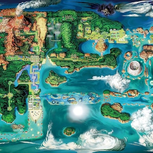 Puede incluir: Un mapa colorido de una isla ficticia con varias masas de tierra, cuerpos de agua y un volcán. El mapa está dibujado en un estilo de dibujos animados con colores brillantes y una sensación caprichosa.