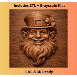 May include: A detailed wood carving of a smiling leprechaun's face, wearing a hat with a shamrock. The carving is in shades of brown and has the text "Includes STL + Grayscale files" and "CNC & 3D Ready".