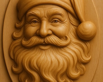 Puede incluir: Una talla de madera detallada de la cara de Papá Noel, enmarcada en un óvalo. La talla muestra la cara sonriente de Papá Noel, su larga barba y su gorro con pompón. La madera tiene un tono cálido y natural, resaltando los detalles.