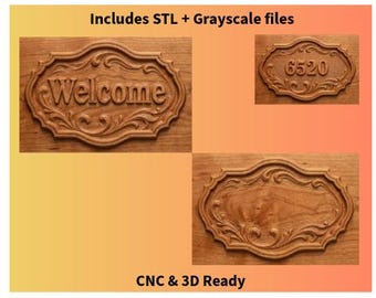 May include: Wooden carved signs with ornate scrollwork. One sign reads "Welcome", another displays the number "6520", and a third is blank. The signs are brown and ready for CNC and 3D printing.
