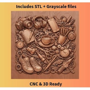 May include: A detailed wooden carving featuring a collection of objects including a camera, headphones, a smartphone, a notepad, a cup of coffee, scissors, a pair of shoes, and a clock. The text "Includes STL + Grayscale files" and "CNC & 3D Ready" are also present.