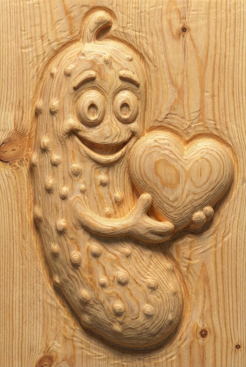 May include: A wooden carving of a smiling pickle character holding a heart. The pickle has a friendly expression and is covered in small bumps. The heart is also carved from wood, with visible grain.