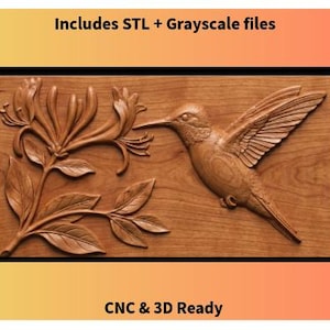 May include: A wooden relief carving of a hummingbird and honeysuckle flowers. The hummingbird is in flight, wings spread, with detailed feathering. The carving is set in a rectangular frame, with the text "Includes STL + Grayscale files" and "CNC & 3D Ready".