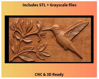May include: A wooden relief carving of a hummingbird and honeysuckle flowers. The hummingbird is in flight, wings spread, with detailed feathering. The carving is set in a rectangular frame, with the text "Includes STL + Grayscale files" and "CNC & 3D Ready".