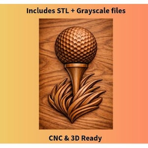 May include: A detailed wooden carving of a golf ball on a tee, surrounded by carved grass. The design is in shades of brown and tan, with the text "Includes STL + Grayscale files" and "CNC & 3D Ready".