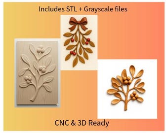 Puede incluir: Tres diseños decorativos de muérdago. Uno es un relieve de madera tallada, otro es una ramita con un lazo y el tercero es una ramita con bayas. El texto incluye "Includes STL + Grayscale files" y "CNC & 3D Ready".