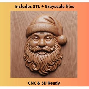 May include: A carved wooden Santa Claus face with a detailed beard, mustache, and hat. The image includes the text "Includes STL + Grayscale files" and "CNC & 3D Ready". The Santa carving is set against a wooden background.