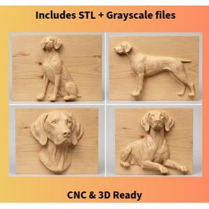 May include: Four wooden dog sculptures in various poses, mounted on wooden panels. The image includes the text "Includes STL + Grayscale files" and "CNC & 3D Ready". The sculptures are light brown and detailed.