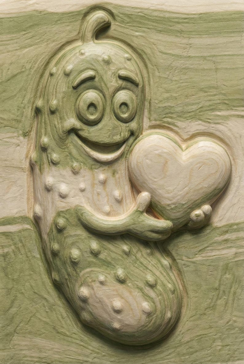 May include: A carved wooden relief depicting a smiling pickle character holding a heart. The pickle is green with a textured surface and the heart is a lighter color. The background has a striped pattern.
