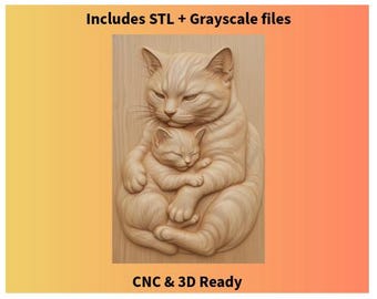 Cat & Kitten Bas-Relief | STL + Grayscale PNG | CNC Router Ready | 3D Carving Model | Animal Relief Art | Digital Download