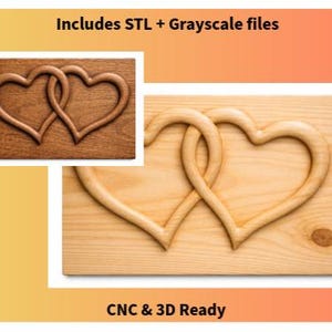 May include: Wooden carving of two intertwined hearts. The hearts are carved into a light-colored wood, with a darker wood inset showing a similar design. The image includes the text "Includes STL + Grayscale files" and "CNC & 3D Ready".