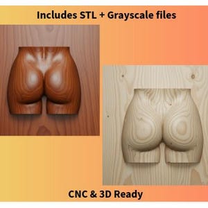 Puede incluir: Dos esculturas de madera de un trasero humano, una en marrón oscuro y la otra en madera clara. La escultura marrón oscuro está sobre un fondo de madera a juego, mientras que la escultura de madera clara está sobre un fondo de madera clara. El texto en la parte superior dice "Includes STL + Grayscale files".