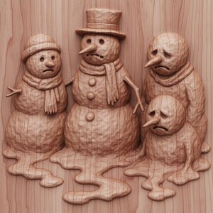 May include: A wooden carving depicts four melting snowmen with sad expressions. The snowmen are carved in a light brown wood, with details like hats, scarves, and twig arms. The melting effect is prominent, with the snowmen's forms flowing downward.