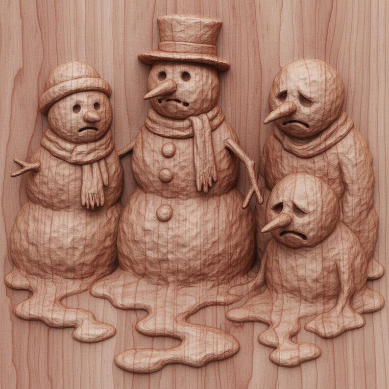 May include: A wooden carving depicts four melting snowmen with sad expressions. The snowmen are carved in a light brown wood, with details like hats, scarves, and twig arms. The melting effect is prominent, with the snowmen's forms flowing downward.