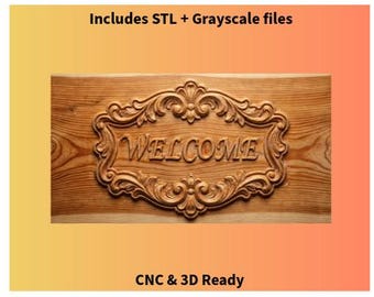 Welkomstbord CNC-reliëf STL - grijswaardenset | Sierlijke decoratieve welkomstplaat | CNC-router en gereed voor 3D