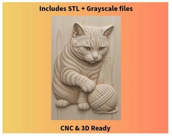 Cat Playing With Ball Bas-Relief | STL + Grayscale PNG | CNC Router File | 3D Carving Model | Cat Relief Art | Digital Download