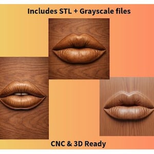 Puede incluir: Tres tallas de madera de labios, cada una con una textura detallada y una veta de madera natural. Las tallas se muestran sobre un fondo degradado con el texto "Includes STL + Grayscale files" y "CNC & 3D Ready".