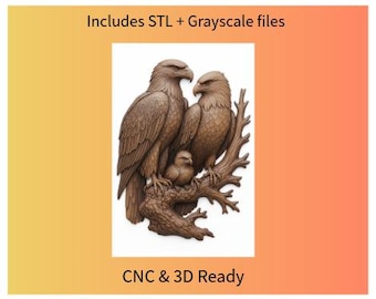 Conjunto de archivos STL + escala de grises en bajorrelieve de una familia de águilas / Modelo para tallado en madera CNC / Majestuosas águilas en una rama de árbol / Arte de fauna silvestre para fresadora CNC