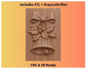 Puede incluir: Un relieve de madera tallado de una campana navideña con un lazo y hojas de acebo. La campana tiene una pequeña bola en la parte inferior. El texto "Includes STL + Grayscale files" y "CNC & 3D Ready" es visible.