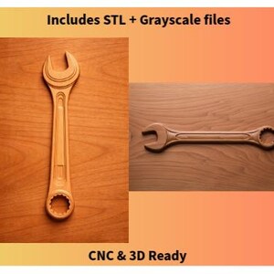 May include: Two wooden wrenches are displayed on a wooden surface. One wrench is vertical, and the other is horizontal. The wrenches are light brown and have a detailed design. The text "Includes STL + Grayscale files" and "CNC & 3D Ready" are also visible.
