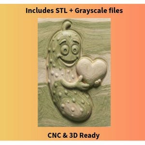 May include: A whimsical, green pickle character holding a white heart. The pickle has a smiling face and is textured with bumps. The image includes the text "Includes STL + Grayscale files" and "CNC & 3D Ready".