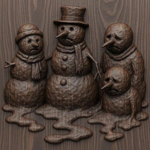 May include: A wooden carving depicts four melting snowmen with sad expressions. The snowmen are brown, with details like scarves, hats, and carrot noses. The carving is mounted on a wooden background.