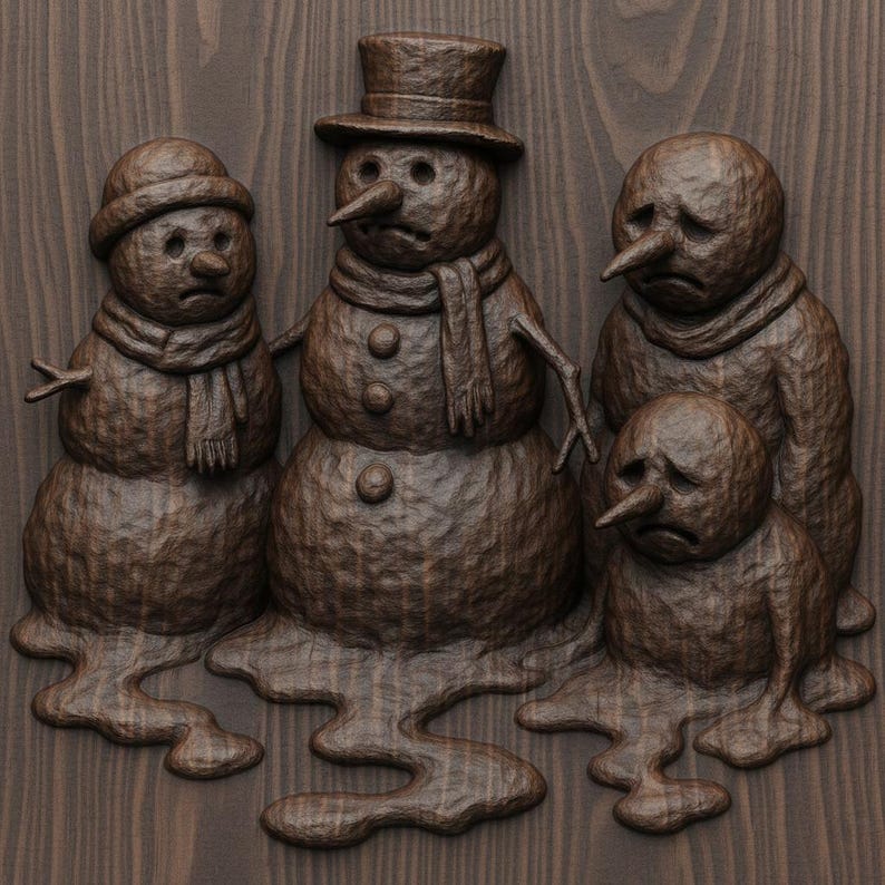 May include: A wooden carving depicts four melting snowmen with sad expressions. The snowmen are brown, with details like scarves, hats, and carrot noses. The carving is mounted on a wooden background.