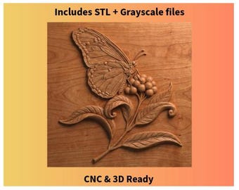 Mariposa monarca sobre algodoncillo – Relieve CNC STL + Escala de grises – Descarga digital
