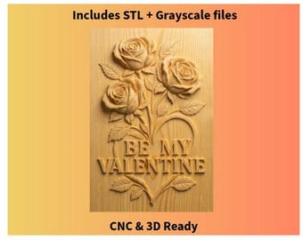 Be My Valentine CNC-reliëfbord | Roze bloemen houtsnijwerk STL | Bas-reliëf wanddecoratie Valentijn | Ontwerp CNC-router