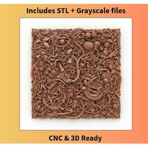 May include: A detailed, brown, carved wooden panel with a complex design of various shapes and textures. The panel is surrounded by a white border and set against a gradient background. Text at the top reads "Includes STL + Grayscale files" and at the bottom "CNC & 3D Ready".