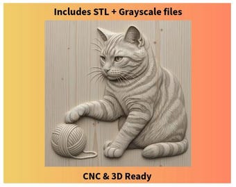 Cat Playing With Yarn Ball Bas-Relief | STL + Grayscale PNG | CNC Router 3D Carving Model | Cat Relief Art | Digital Download