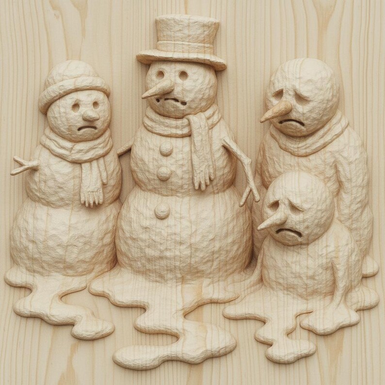 May include: A wooden relief carving depicts a family of snowmen in various stages of melting. The central snowman wears a top hat and scarf. The carving is in shades of beige and brown, with a distressed, textured appearance.