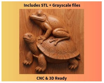 Frog on Turtle - CNC - 3D Printing Bundle | STL Models, Grayscale Relief & Product Image Pack