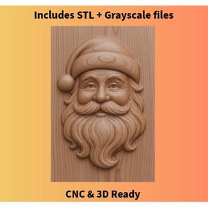 May include: A wooden carving of Santa Claus's face, complete with a hat and long beard. The image includes the text "Includes STL + Grayscale files" and "CNC & 3D Ready". The carving is set against a wood grain background.