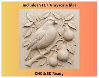 Puede incluir: Escultura de madera clara que representa un pájaro posado en una rama con peras y hojas. Incluye el texto "Includes STL + Grayscale files" y "CNC & 3D Ready".