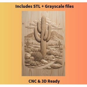 Cactus scène du désert CNC STL | Sculpture sur bois en bas-relief du sud-ouest | Carte de hauteur en niveaux de gris | Routeur CNC modèle 3D