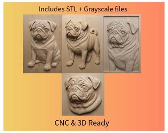 Pug Dog CNC Relief - 4 STL + Grayscale Files | CNC & 3D Ready | Wood Carving Digital Download | Pug Lover Gift, Router or 3D Printer Design