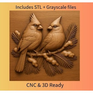 May include: A detailed wooden carving of two birds perched on a branch with leaves. The birds face each other, and the carving is set against a brown background. The text "Includes STL + Grayscale files" and "CNC & 3D Ready" are also present.