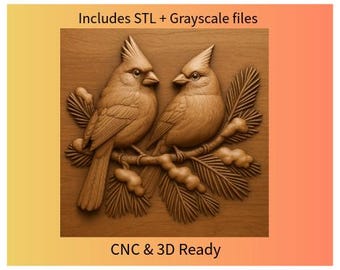 Pareja de cardenales en rama de pino – Bajorrelieve CNC STL y mapa de alturas en escala de grises / Diseño de talla de madera de ave invernal para fresadora CNC o talla 3D