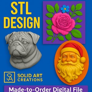 May include: A digital design image featuring a gray pug sculpture, a pink rose with green leaves, and a Santa Claus relief. The image includes the text "STL DESIGN" and "SOLID ART CREATIONS". The background is blue.