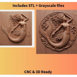 May include: A wooden carving of a mermaid with flowing hair and a scaled tail. The mermaid is in a relaxed pose, with one arm raised. The image includes the text "Includes STL + Grayscale files" and "CNC & 3D Ready".