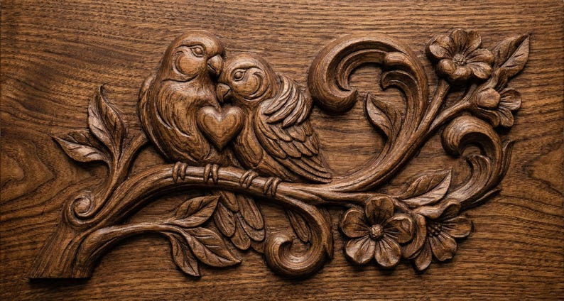 May include: A carved wooden relief featuring two birds nestled together on a branch, with a heart shape between them. The birds and floral elements are intricately detailed in a warm brown tone, creating a rustic and romantic aesthetic.