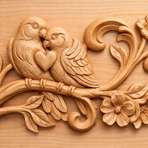 May include: A wooden carving of two birds perched on a branch, with a heart between them. The birds are intricately carved, with detailed feathers and beaks. The branch features leaves and flowers, all in a natural wood tone.