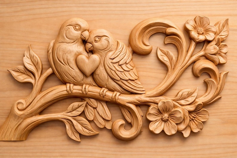 May include: A wooden carving of two birds perched on a branch, with a heart between them. The birds are intricately carved, with detailed feathers and beaks. The branch features leaves and flowers, all in a natural wood tone.