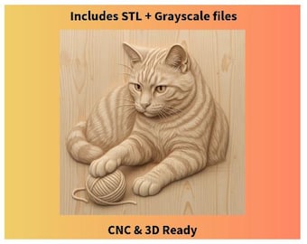 Cat Playing With Ball Bas-Relief | STL + Grayscale PNG | CNC Router 3D Carving Model | Cat Relief Artwork | Digital Download