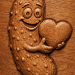 May include: A wooden carving of a smiling pickle character holding a heart. The pickle has a friendly expression and is covered in small bumps. The heart is smooth and rounded, and the carving is set against a wood grain background.