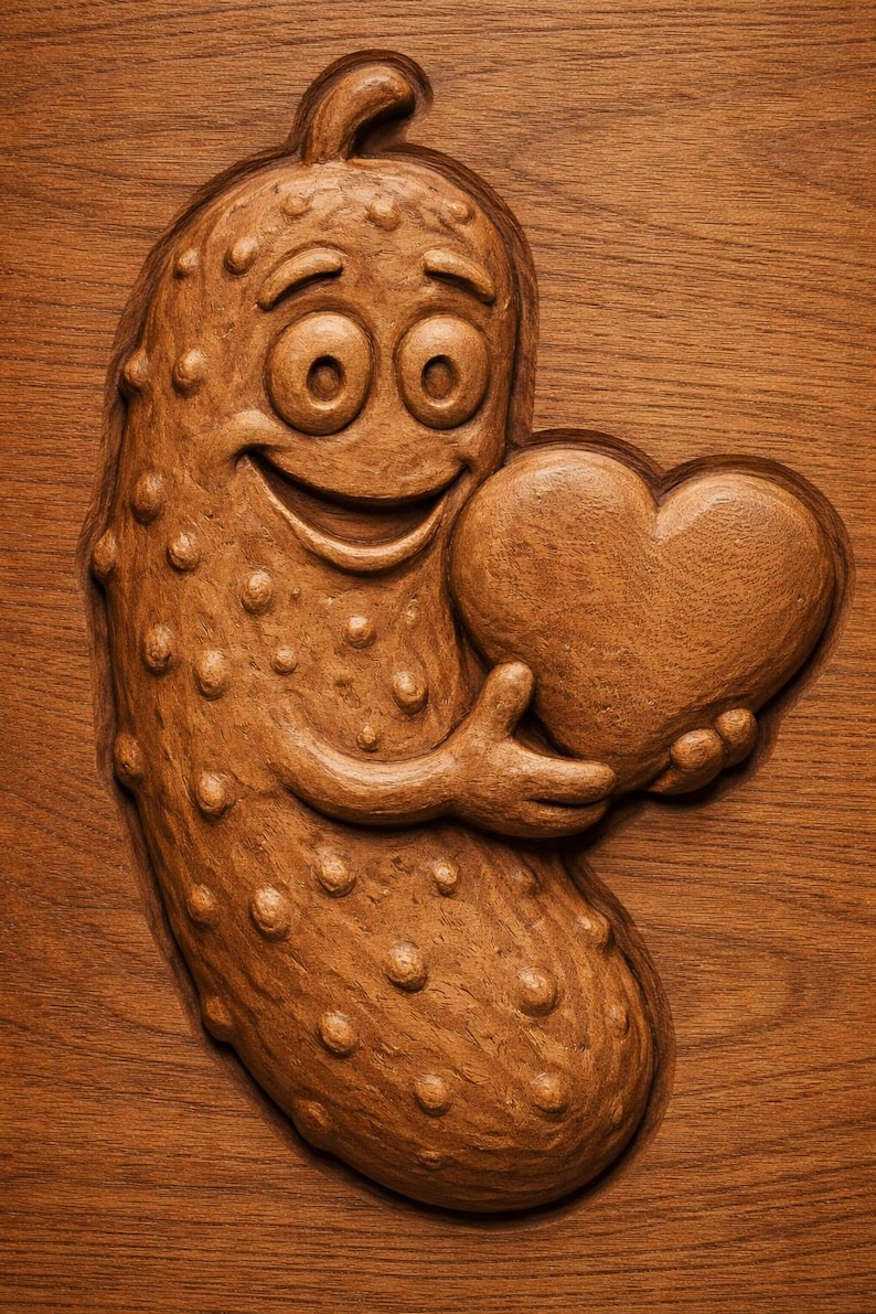 May include: A wooden carving of a smiling pickle character holding a heart. The pickle has a friendly expression and is covered in small bumps. The heart is smooth and rounded, and the carving is set against a wood grain background.