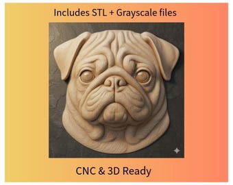 Pug Dog Bas-Relief STL + Grayscale Image | 3D CNC Carving File | Pet & Animal Decor for Aspire, Fusion, and 3D Printing