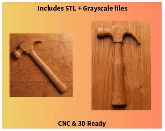 May include: Two wooden hammers are displayed against a wood grain background. The hammers are light brown with a curved claw and a rounded head. The text "Includes STL + Grayscale files" and "CNC & 3D Ready" are also visible.